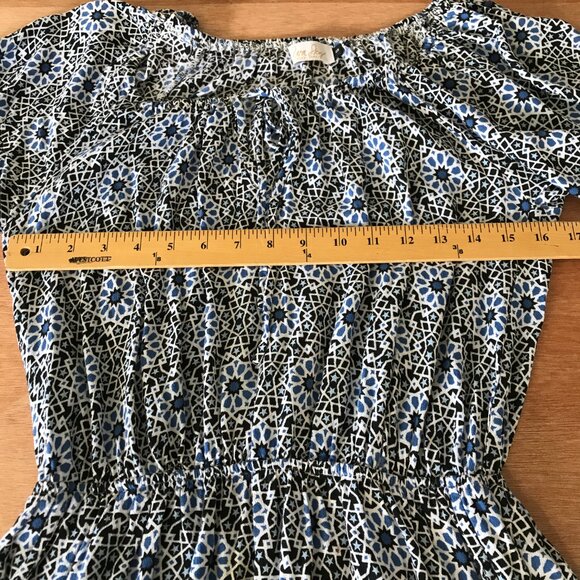 Ava Sky Romper Dress Women S Blue Geometric Tie Waist Pocket Long Sleeve Stretch - Picture 8 of 13